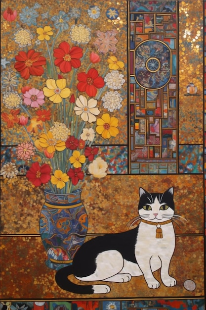 A painting of a cat and a vase of flowers with the number 8 on it.