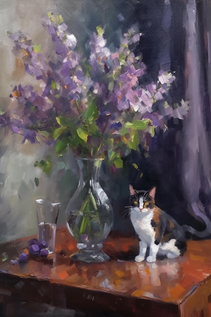 A painting of a cat next to a vase of flowers.