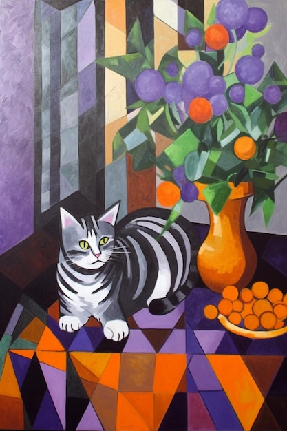 A painting of a cat and a vase of oranges