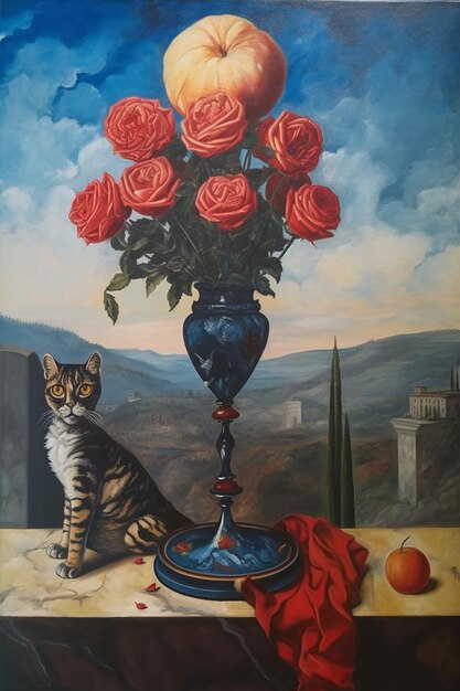 Photo a painting of a cat and a vase of roses are on a table.