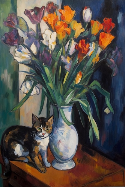 A painting of a cat and a vase of tulips on a table.