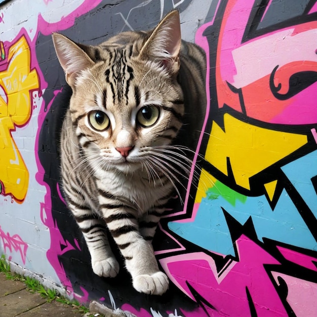 Foto un dipinto di un gatto nella parete con una varietà di colori