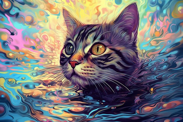 Foto dipinto di un gatto nell'acqua con uno sfondo colorato che genera intelligenza artificiale