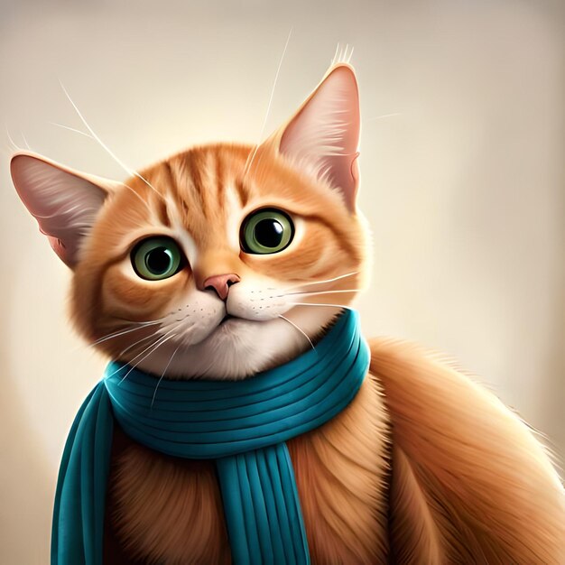 A painting of a cat wearing a blue scarf and a blue scarf.