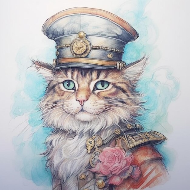 Painting of a cat wearing a hat and a rose generative ai