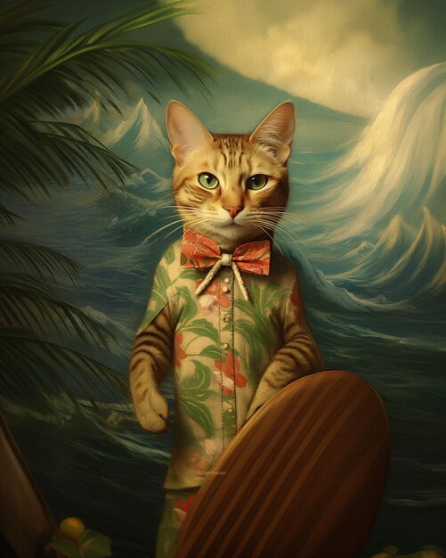 Photo painting of a cat wearing a hawaiian shirt and holding a surfboard generative ai