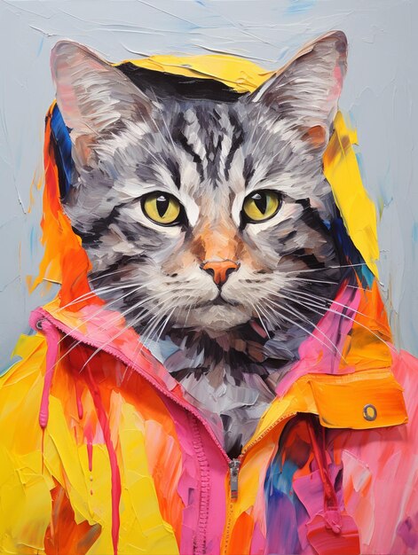 Painting of a cat wearing a raincoat with a yellow hood generative ai