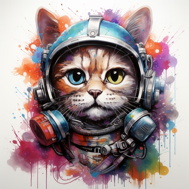 painting of a cat wearing a space suit with headphones generative ai