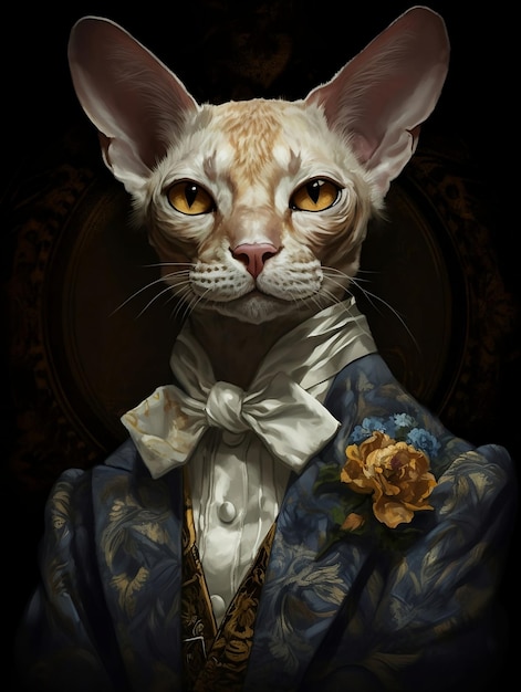 A painting of a cat wearing a suit and a bow tie.