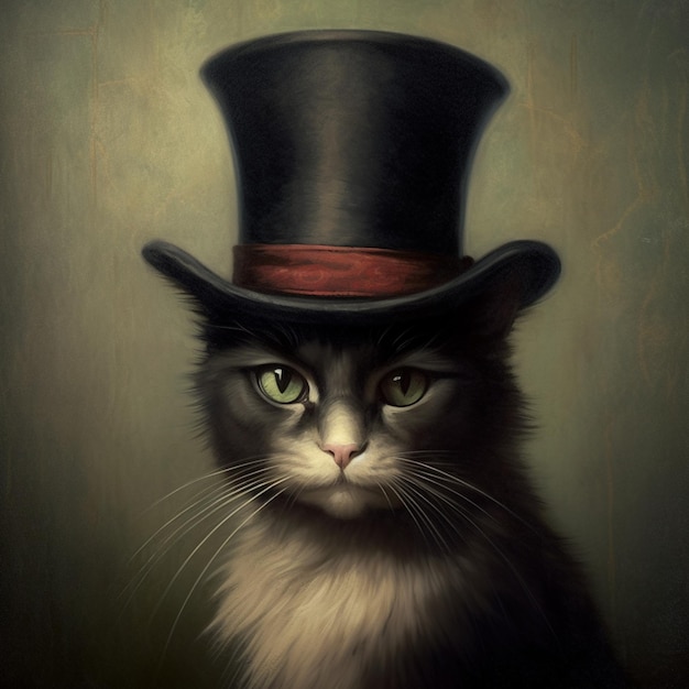 Painting of a cat wearing a top hat and a bow tie generative ai