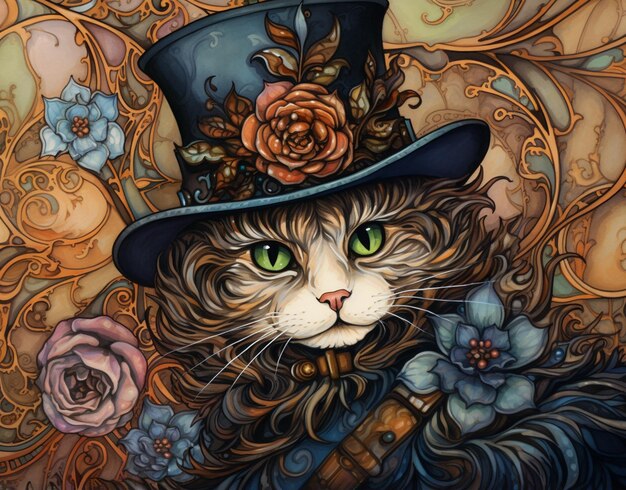 painting of a cat wearing a top hat and a top coat generative ai