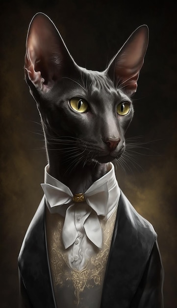 A painting of a cat wearing a tuxedo and a white bow tie.