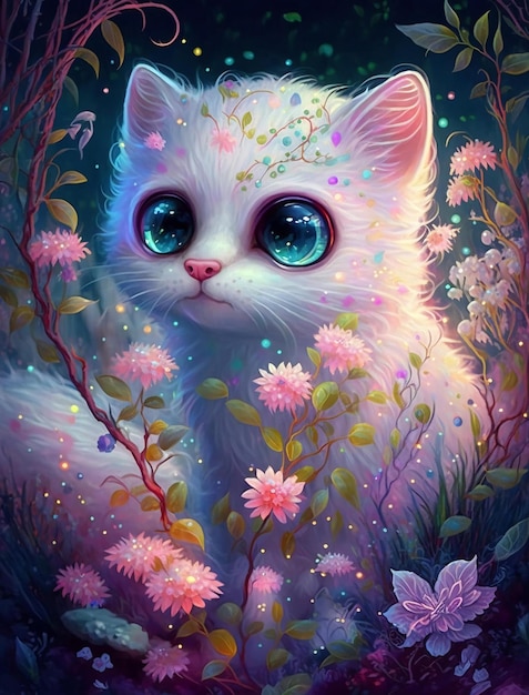 A painting of a cat with big blue eyes