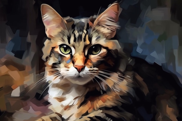 A painting of a cat with a black and white striped body.