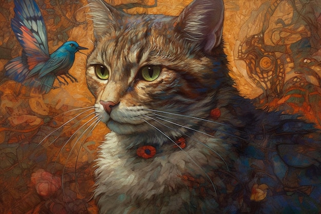 A painting of a cat with a blue bird on it.