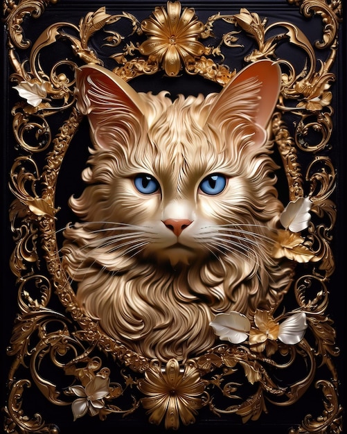 A painting of a cat with a blue diamond on it