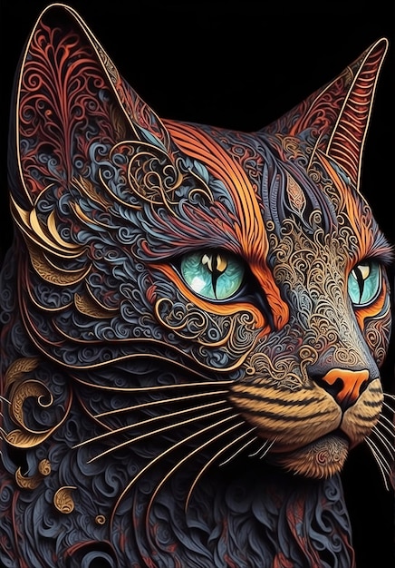 A painting of a cat with blue eyes and a black background.