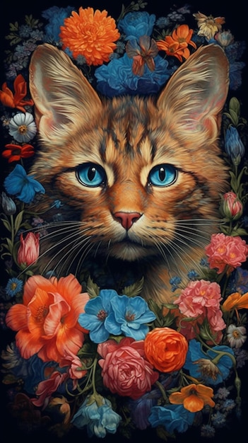A painting of a cat with blue eyes and a bunch of flowers.