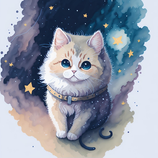 A painting of a cat with blue eyes and a collar that says " cat ".