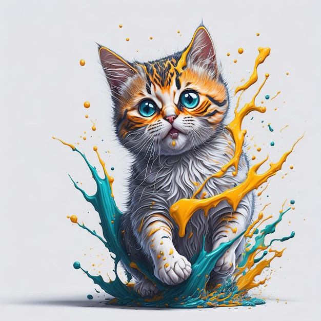 A painting of a cat with blue eyes and orange paint splashes.