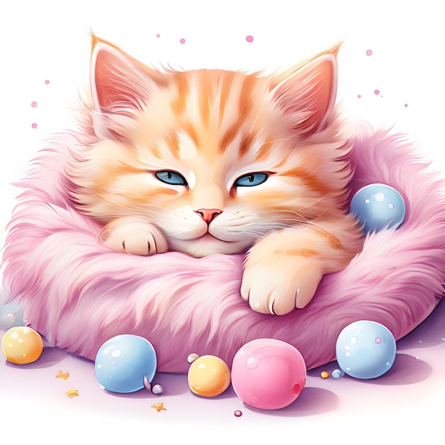 파란 눈과 파란색과 분홍색 공을 가진 분홍색 베개를 가진 고양이의 그림