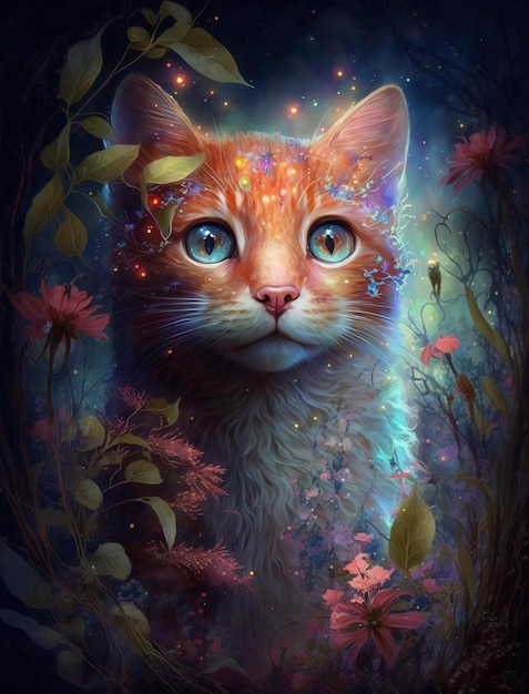 A painting of a cat with blue eyes and a rainbow of flowers.