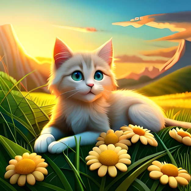 A painting of a cat with blue eyes sits in a field of flowers.