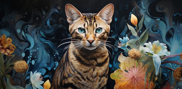 painting of a cat with blue eyes sitting in front of a painting of flowers generative ai