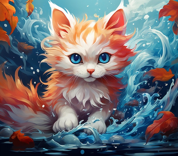 painting of a cat with blue eyes sitting in the water generative ai