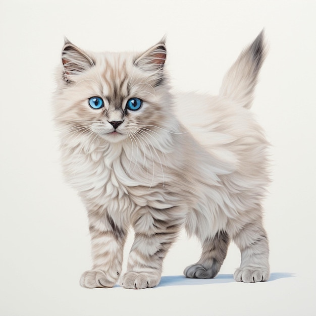 白い表面の上に立つ青い目の猫の絵生成ai