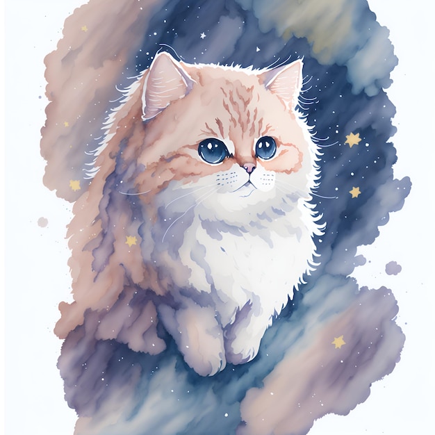 A painting of a cat with blue eyes and a white face.