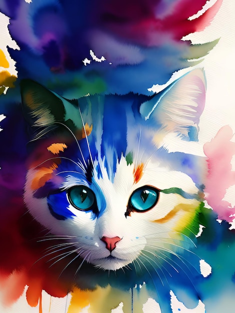 A painting of a cat with blue eyes