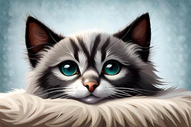 A painting of a cat with blue eyes