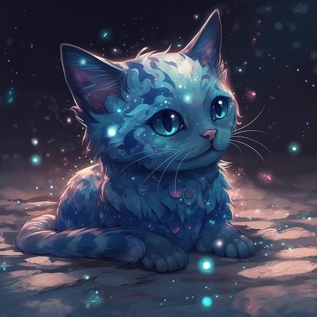 A painting of a cat with a blue head sits on a stone