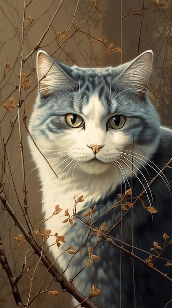 A painting of a cat with a blue and white face.