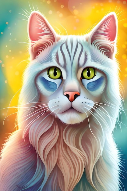 A painting of a cat with a blue and yellow eyes.