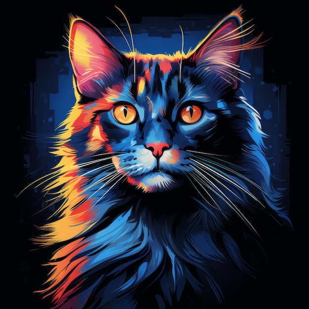 a painting of a cat with bright orange eyes on a black background