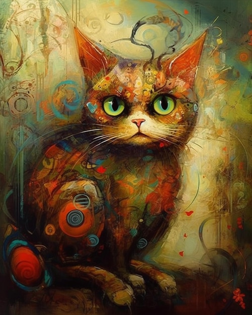 A painting of a cat with a broken arm and a green eye.