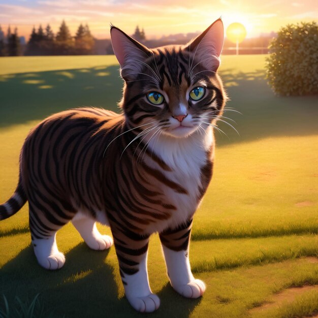 A painting of a cat with a brown and white striped body and a black and white striped body.