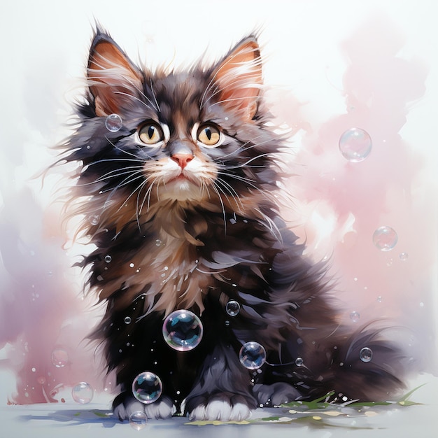 painting of a cat with bubbles on a white background generative ai