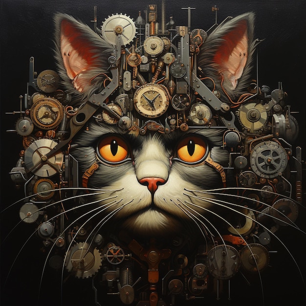 painting of a cat with a clockwork head made of gears generative ai