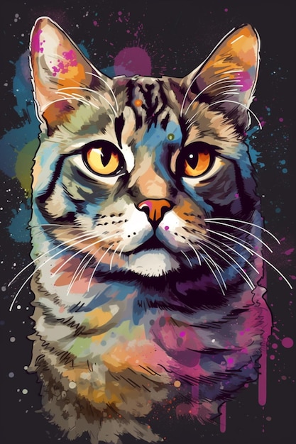 A painting of a cat with a colorful background.