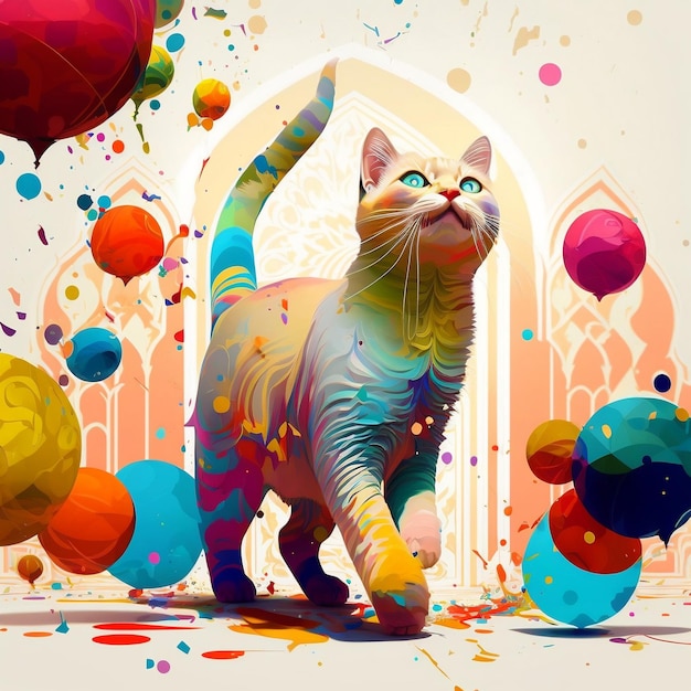 A painting of a cat with colorful balls in it