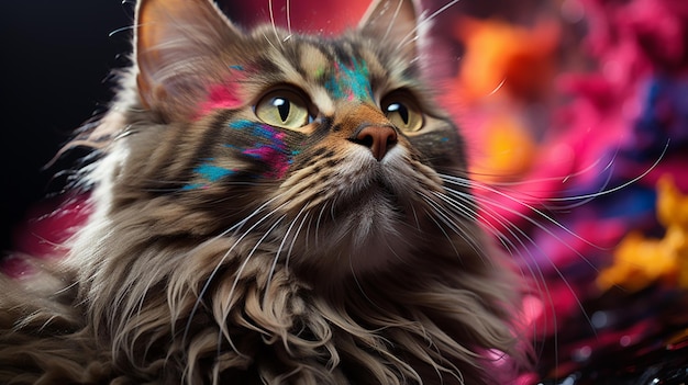 A painting of a cat with colors on its head