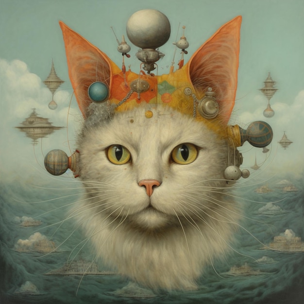 Painting of a cat with a crown on its head in the ocean generative ai