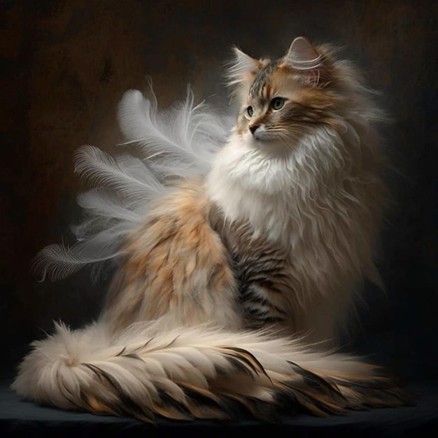 A painting of a cat with a feather on its tail.