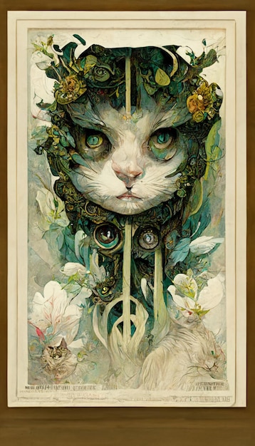 A painting of a cat with a flower crown on it