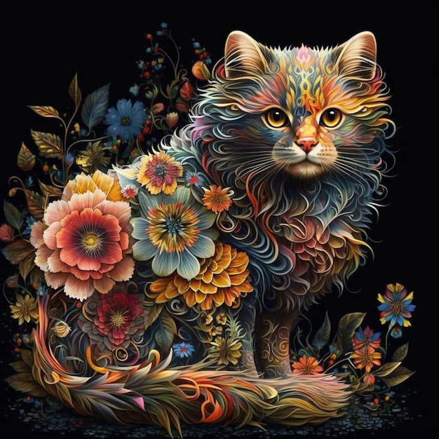 A painting of a cat with flowers on the black background