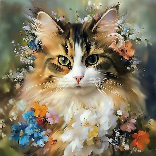 A painting of a cat with flowers in it