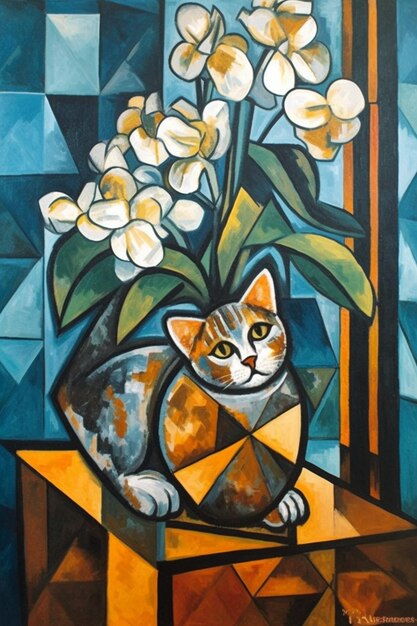 A painting of a cat with flowers on it